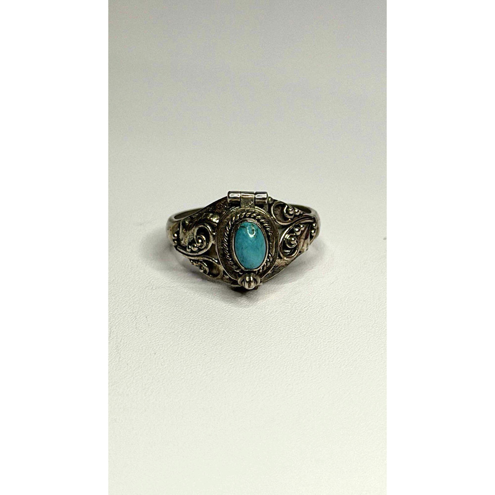 Poison Locket Pillbox 925 Sterling Silver Blue Turquoise Ring Size 7